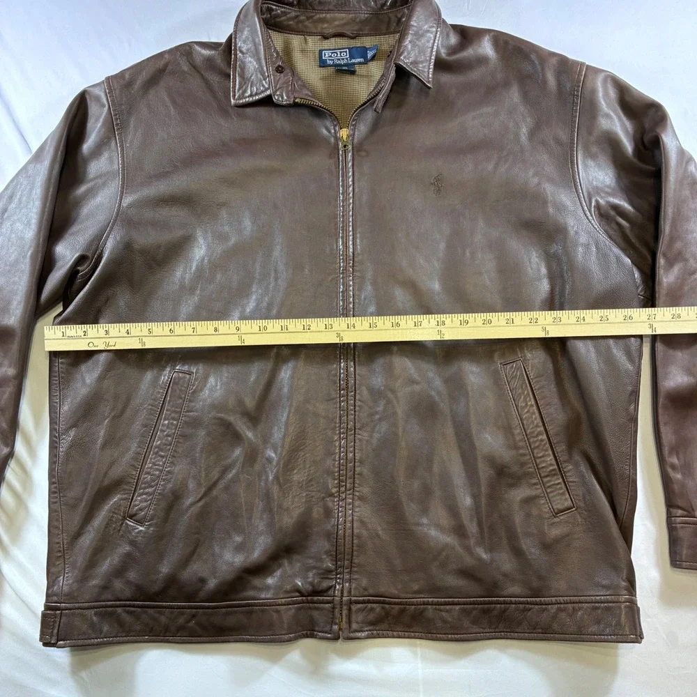 Polo Ralph Lauren Mens XXL Brown Leather Harrington Jacket Houndstooth Lining